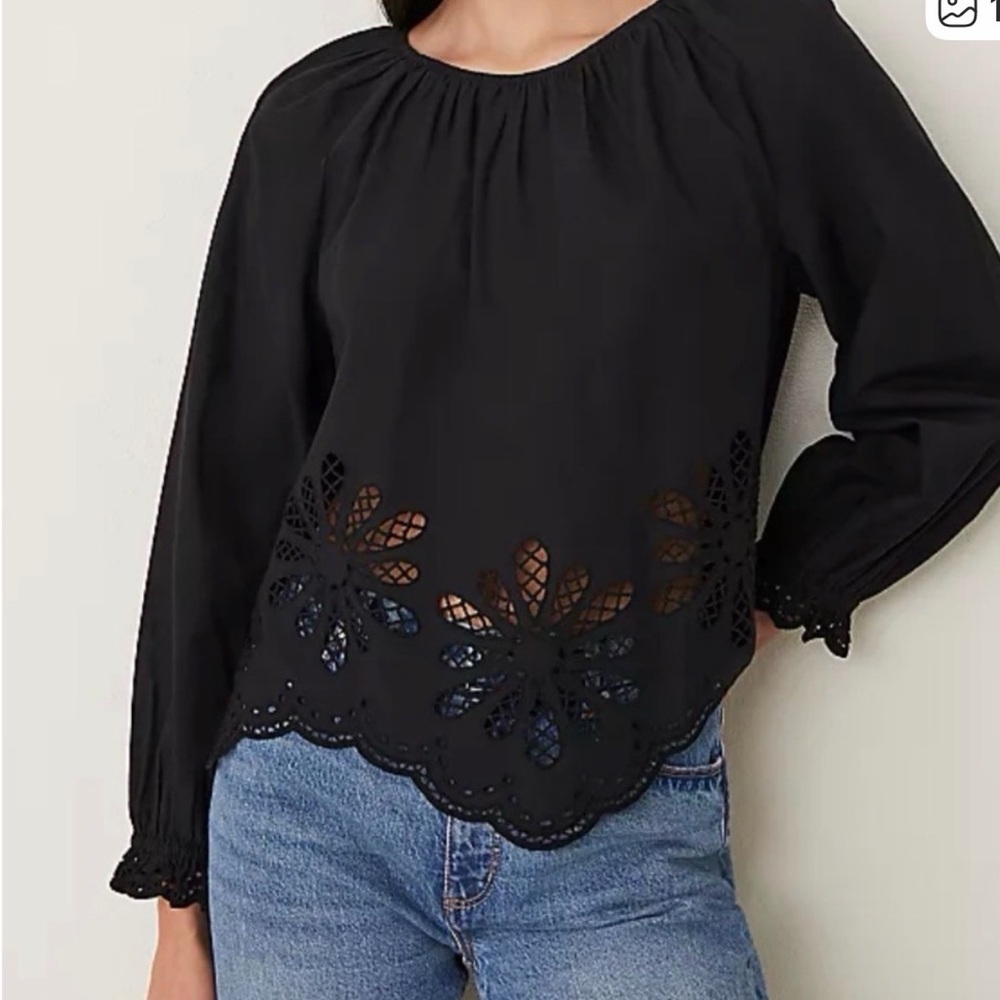 Ann Taylor Black Lace Detail Long Sleeve Blouse, NWT, Size S